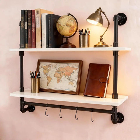 Floating Wall Shelves With Towel Bar, Industrial Pipe Shelving, 30 Inch Solid Wood, Rustic Farmhouse Style, 2 Tier with Metal Hooks