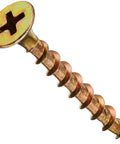Top-Shelf 6-Inch X 1-1/4-Inch Yellow Zinc Lag Bolts With Phillips Bugle Head Drive, close-up view of yellow zinc screw.