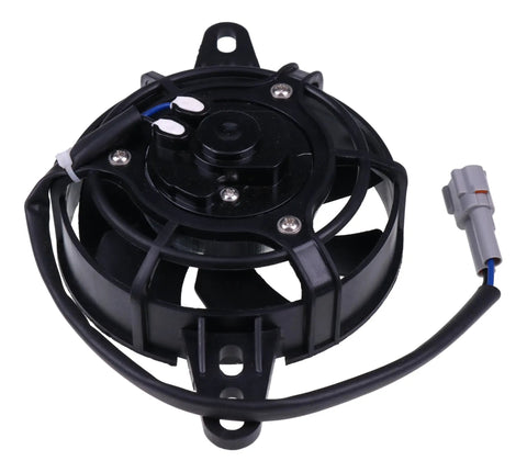 Badass 4 Inch Universal Motorcycle Radiator Cooling Fan Electric Water And Oil Cooler For Dirt Bike Atv Motocross 12 Volt 300 Cfm Waterproof Plug Keep Things Chill Upgrade close-up showing fan motor and wiring details.