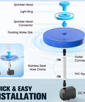 Diagram showing components of Floating Pond Fountain With LED Lights Plug In Aerator Pump For Ponds And Pools, including sprinkler head and PVC pipe.