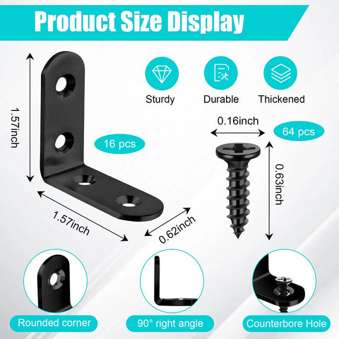Product size display of Beefy Heavy Duty L Shaped Corner Braces For Furniture Shelves Cabinets And Frames Black 80 Pack Durable Wood Support Brackets