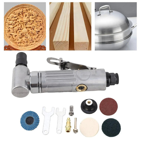 Right Angle Air Die Grinder With Knockout Airflow And Tough As Nails Tungsten Steel Internals Hitting Up To Twenty Thousand Rpm with accessories.
