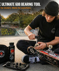 Person using Skate Bearing Press And Puller Tool For Inline Skates Skateboards Longboards And Kick Scooters 8mm 608 Bearings.