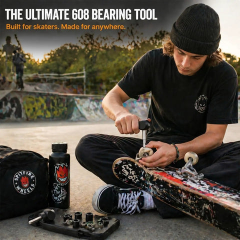 Person using Skate Bearing Press And Puller Tool For Inline Skates Skateboards Longboards And Kick Scooters 8mm 608 Bearings.