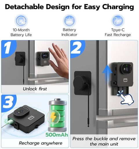 Smart Refrigerator Lock With Palm Vein Biometric RFID Card And Bluetooth App Unlock demonstration on fridge with charging options.