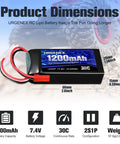 Beefy 7.4V 1200mAh 30C LiPo Battery with JST Plug, dimensions shown, for RC cars, trucks, drones, and helis, 66x29x15mm, 57g
