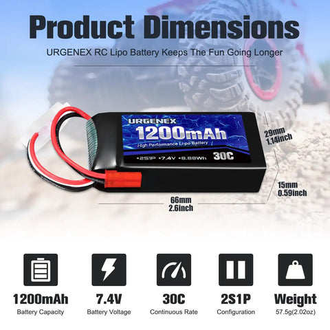 Beefy 7.4V 1200mAh 30C LiPo Battery with JST Plug, dimensions shown, for RC cars, trucks, drones, and helis, 66x29x15mm, 57g