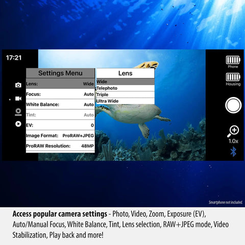 Settings screen of SportDiver Underwater Phone Housing For Depths Up To 130 Feet, Waterproof Case With Easy Camera Access displayed underwater