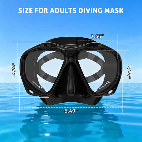 Scuba Mask For Grownups And Teens With Panoramic HD Lenses Snorkel Goggles shown with size dimensions over water
