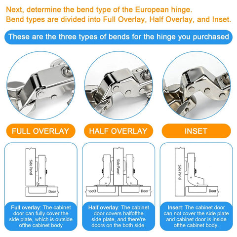 Diagram showing full overlay, half overlay, and inset styles for 4 Pack Half Overlay Frameless Soft Close Cabinet Hinges 35mm Steel Hydraulic Concealed Hinges 90 Degree Quiet Mute Cabinet Hinges For Cupboards And Bathroom Cabinets Multipurpose Kitchen Storage Cabinet Hardware DIY Friendly