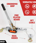 3 Ton Come Along Winch With 9.8 Ft Hand Cable And Dual Gear System For Heavy Duty Pulling 6,000 Lbs Capacity Two Hooks shown with ergonomic grip and zinc-plated gears.