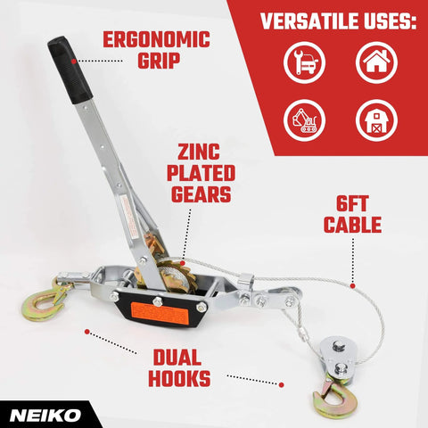 3 Ton Come Along Winch With 9.8 Ft Hand Cable And Dual Gear System For Heavy Duty Pulling 6,000 Lbs Capacity Two Hooks shown with ergonomic grip and zinc-plated gears.