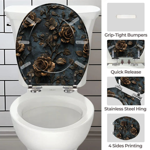 Toilet Seat Round Resin for Bathroom with floral design, 14-15 inch width, 17-18 inch length, stainless steel hinges.