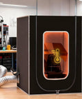 Resin 3D Printer Enclosure With LED Light, showing 12V ventilation fan system in a workshop