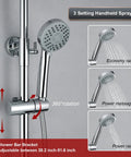 Outdoor Shower Faucet Kit With Tub Spout And Adjustable Slide Bar Stainless Steel 8 Inch Rainfall Shower Head And Handheld Wall Mount Exposed Shower System Three Function Single Handle Control Height Adjustable 38 To 51 Inches with handheld shower settings and height adjustment details.