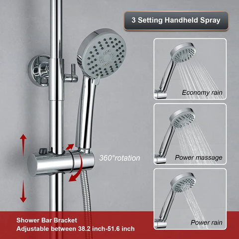 Outdoor Shower Faucet Kit With Tub Spout And Adjustable Slide Bar Stainless Steel 8 Inch Rainfall Shower Head And Handheld Wall Mount Exposed Shower System Three Function Single Handle Control Height Adjustable 38 To 51 Inches with handheld shower settings and height adjustment details.