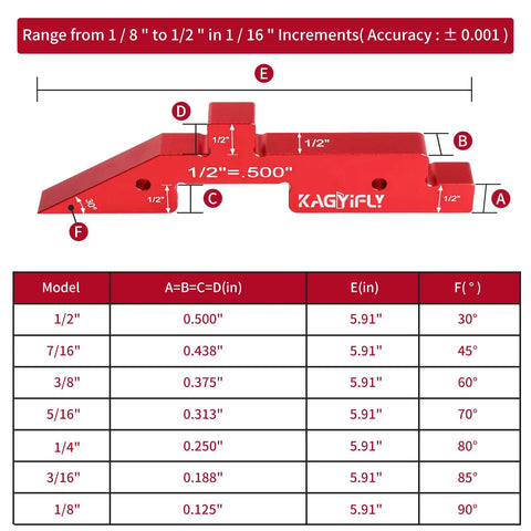 Diagram of Seven Piece Aluminum Router Table Setup Blocks Gauge Set with measurements and angles for woodworking setup.