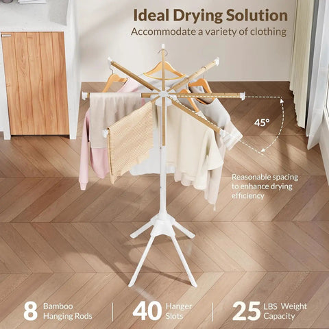 Foldable Wood Clothes Drying Rack With Eight Adjustable Rods No Fuss Space Saving Laundry Organizer shown holding clothes indoors