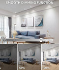 Living room with track lighting showing dimmable MR16 LED Bulb functionality at 10%, 50%, and 100% brightness levels.