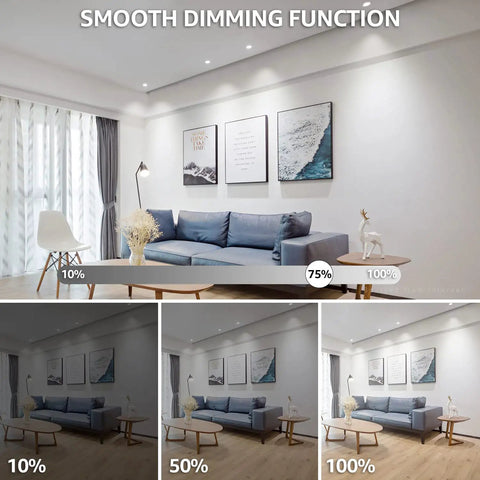 Living room with track lighting showing dimmable MR16 LED Bulb functionality at 10%, 50%, and 100% brightness levels.