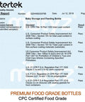 Test report for Six Pack Wide Neck Breast Milk Storage Bottles Eight Ounce showing FDA certification and details.