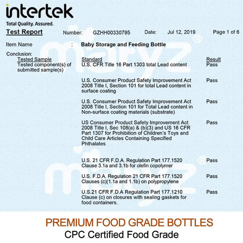 Test report for Six Pack Wide Neck Breast Milk Storage Bottles Eight Ounce showing FDA certification and details.
