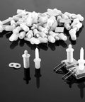 Bulletproof Plantation Shutter Repair Kit Featuring 85 Piece Hardware Collection With Spring Pins Collar Clips And Louver Staples displayed on a dark surface.