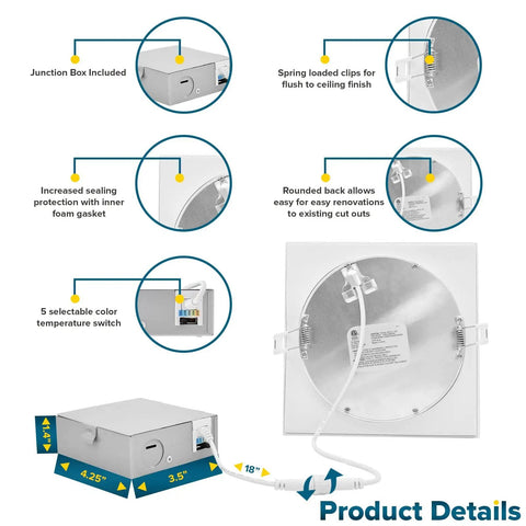 Ultra Thin 6 Inch Square LED Recessed Lighting With Junction Box Five Color Temperatures 2700K To 5000K Dimmable Wet Rated IC Rated 1000 Lumen Recessed Ceiling Lights 4 Pack Dope Home Upgrade product details showing junction box, clips, and gasket.