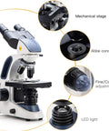 SW380B 40X-2500X Magnification Pro-Grade Binocular Lab Microscope showing details like mechanical stage and fine adjustment.
