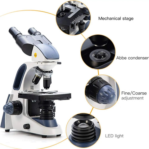 SW380B 40X-2500X Magnification Pro-Grade Binocular Lab Microscope showing details like mechanical stage and fine adjustment.
