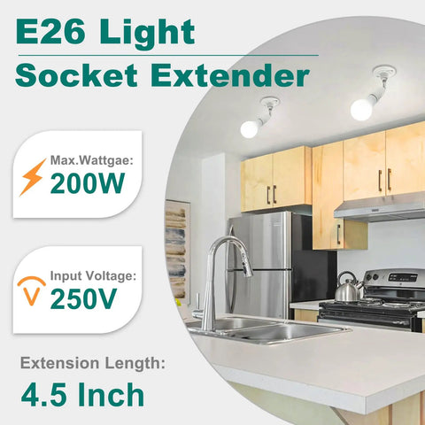 E26 Light Socket Extender installed in kitchen lighting, 4.5 inch extension with 200W max wattage and 250V input voltage