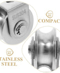 Close-up of Two Pack Stainless Steel Pulley Wheel With Bearing, heavy duty, showing compact design and SUS304 mark for durability.