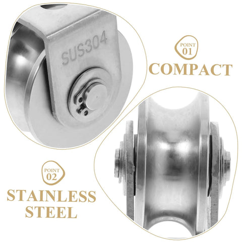 Close-up of Two Pack Stainless Steel Pulley Wheel With Bearing, heavy duty, showing compact design and SUS304 mark for durability.