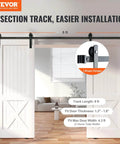 8 Ft Double Door Sliding Barn Door Hardware Kit With Quiet I Shaped Rollers Beefed Up Heavy Duty Steel Tracks shown installed in living room