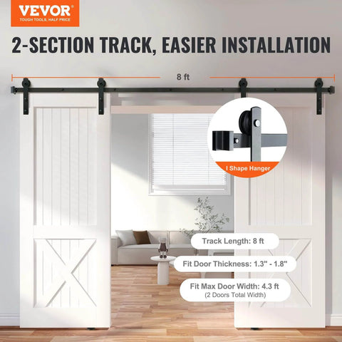 8 Ft Double Door Sliding Barn Door Hardware Kit With Quiet I Shaped Rollers Beefed Up Heavy Duty Steel Tracks shown installed in living room