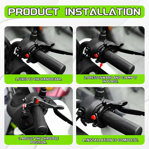 Four-step installation of Universal Dope Motorcycle Cruise Control Throttle Lock Clamp on handlebars for Motorcycles and ATVs