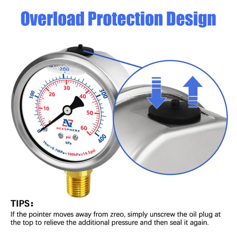 Top Notch Pro Grade Pool And Home Pressure Gauge 0 To 60 PSI with overload protection feature and NPT lower mount