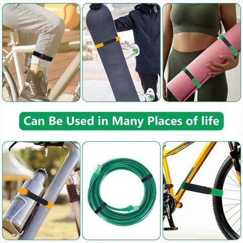 6 Pack Bike Rack Straps 60x2 Cm Adjustable Wheel Stabilizers with Hook in use on bike, yoga mat, and bottle, black green orange.