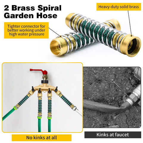 Four Way Garden Hose Splitter With Four Extension Adapters Brass Watering Splitter For Multiple Outlets Easy To Use Leak Free Includes Spring Protectors Spare Washers And Thread Sealing Tapes, 2 brass spiral hoses