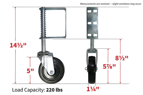 8735 Hard Rubber Spring Gate Caster With Universal Mount 5 Inch Wheel Automatic Height Adjustment For Uneven Ground 220 Lb Load Capacity