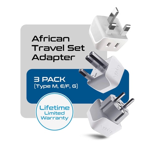 Ultra Compact 2 In 1 USA To Africa Travel Adapter Set Includes Type M South Africa, Type E And F, And Type G For Ghana Nigeria Uganda 3 Pack Does Not Convert Voltage Safe Portable displayed