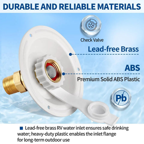 City Water Inlet Check Valve And Hookup Connector For RVs Three Quarter Inch NH Female To One Half Inch NPT Male Three Inch Flange Lead Free Brass Backflow Preventer With Dust Plug For Camper And Motorhome showing lead-free brass and ABS materials.