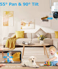 Wireless Outdoor Security Camera With Pan Tilt And Battery Power 2.4G WiFi in living room monitoring child and dog.
