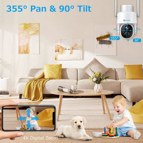 Wireless Outdoor Security Camera With Pan Tilt And Battery Power 2.4G WiFi in living room monitoring child and dog.