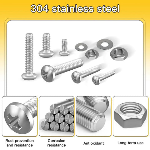 All in One 710 Piece Stainless Steel Screw Nut Bolt Washer Kit with Black Case, Phillips screws, nuts, washers shown.