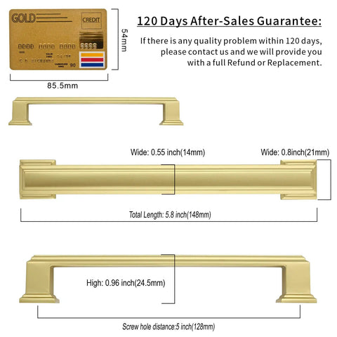 Premium Brushed Gold Drawer Pulls 10 Pack 5 Inch Cabinet Handles shown with dimensions illustration and color details.