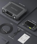 Dual Lens Endoscope With 5 Inch Monitor And Front And Side View Borescope Camera Waterproof 9.8 Ft Probe 5 Inch IPS LCD Screen And Case The Go To Tool For Auto Maintenance Home Inspections Electrical Work And DIY. Carrying case, probe, cable, memory card, and manual shown.