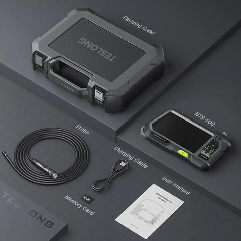 Dual Lens Endoscope With 5 Inch Monitor And Front And Side View Borescope Camera Waterproof 9.8 Ft Probe 5 Inch IPS LCD Screen And Case The Go To Tool For Auto Maintenance Home Inspections Electrical Work And DIY. Carrying case, probe, cable, memory card, and manual shown.