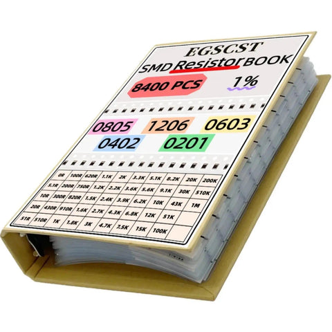 8400Pcs SMD Resistor Kit From 0 Ohm To 1M Ohm 1% Tolerance in 0805 1206 0603 0402 0201 sizes displayed in labeled book