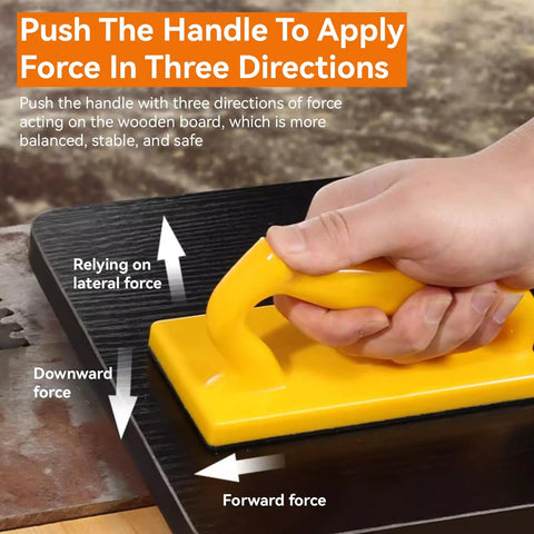 2 Pack Push Blocks for Table Saws and Woodworking Angled Handle Push Sticks in use on a saw with directional force arrows.